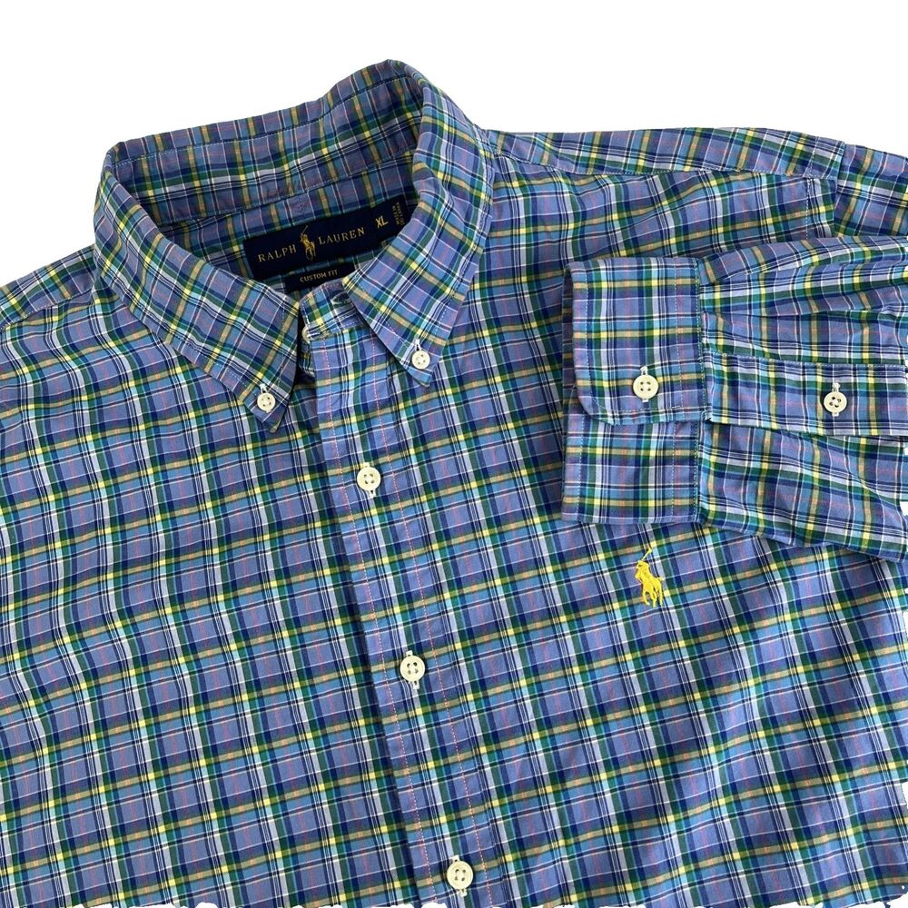 Mens Ralph Lauren Custom Fit Long Sleeve Button Down Shirt Sz XL Blue Plaid